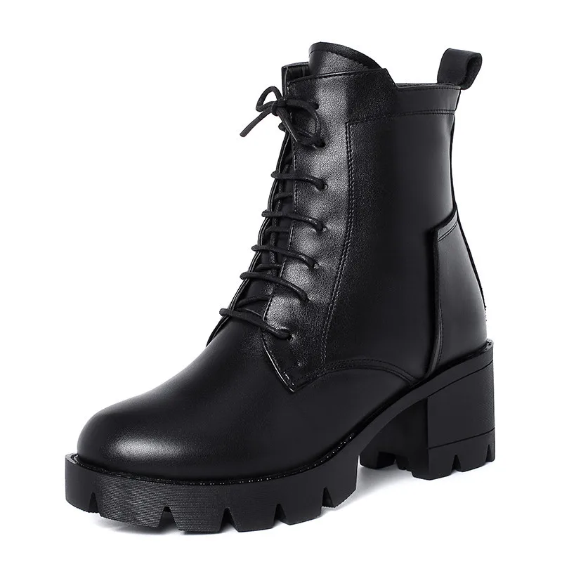 AIYUQI Winter Boots Women 2023 New Ladies Ankle Boots Genuine Leather Warm Wool Lace Up Motorcycle Boots Women