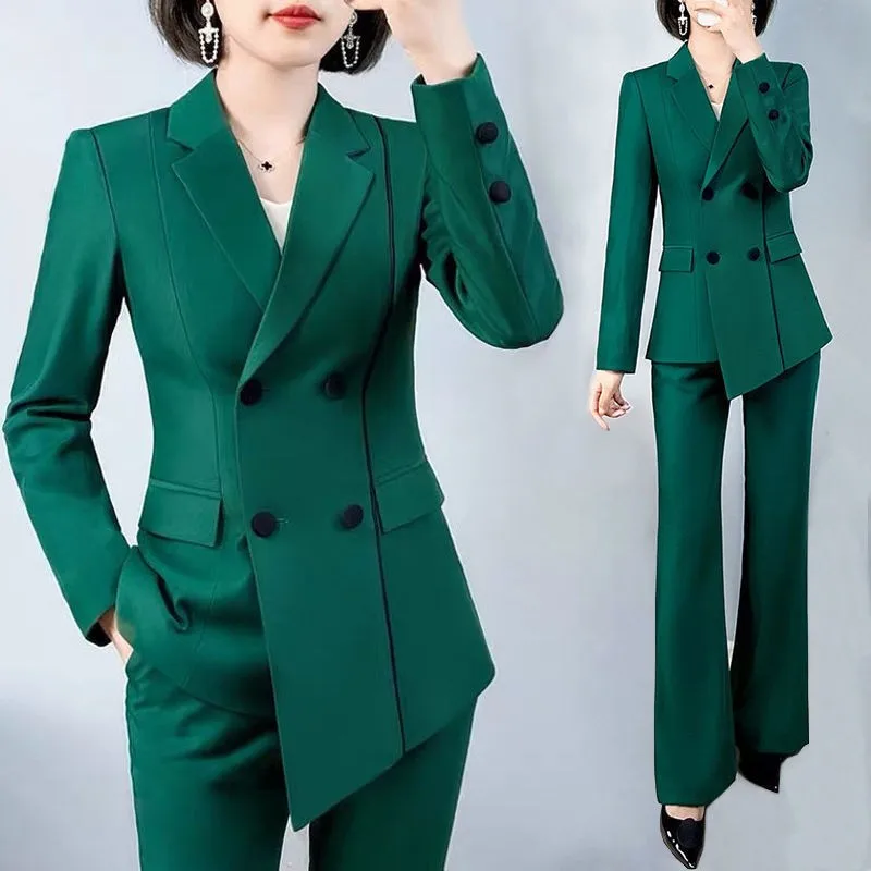 Green professional women's suit high-end autumn temperament formal dress slim fitting irregular long sleeved work clothes Korean
