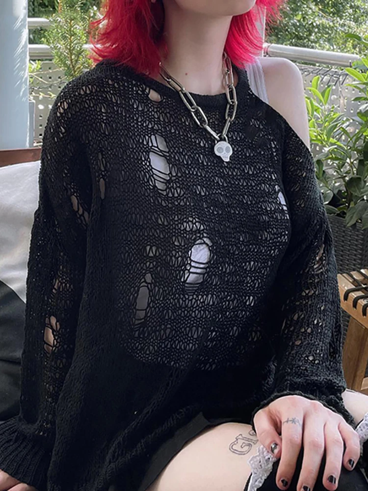 

2022 New One Shoulder Hollow Out Knitted Pullovers Gothic E-girl Loose Long Sleeve Smock Tops Women Streetwear Grunge Knitwear