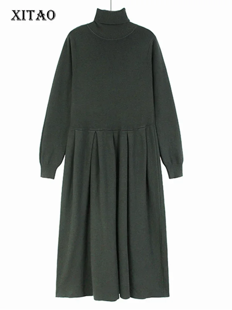 

Женское трикотажное платье XITAO, однотонное платье с воротником под горло, повседневное свободное платье для похудения, новое осеннее платье DMJ3161