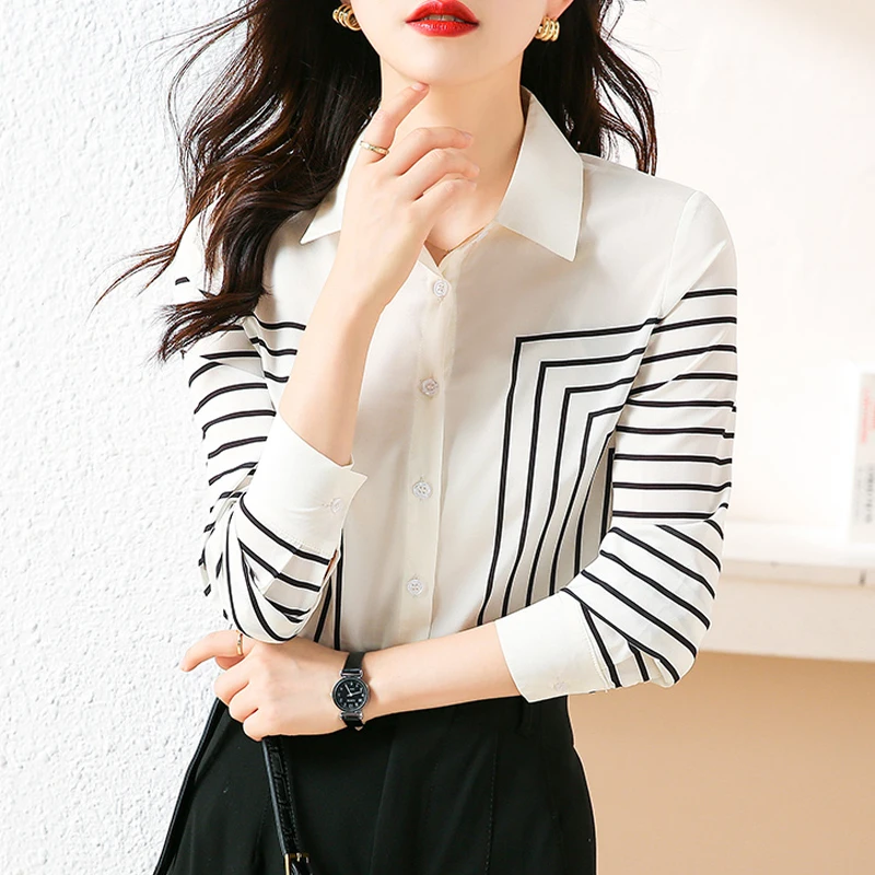 

New Casual Long Sleeve Silk Cotton Women Shirts Fashion Striped Women's Blouse Buttons Loose Tops Female Clothing Blusas 24559