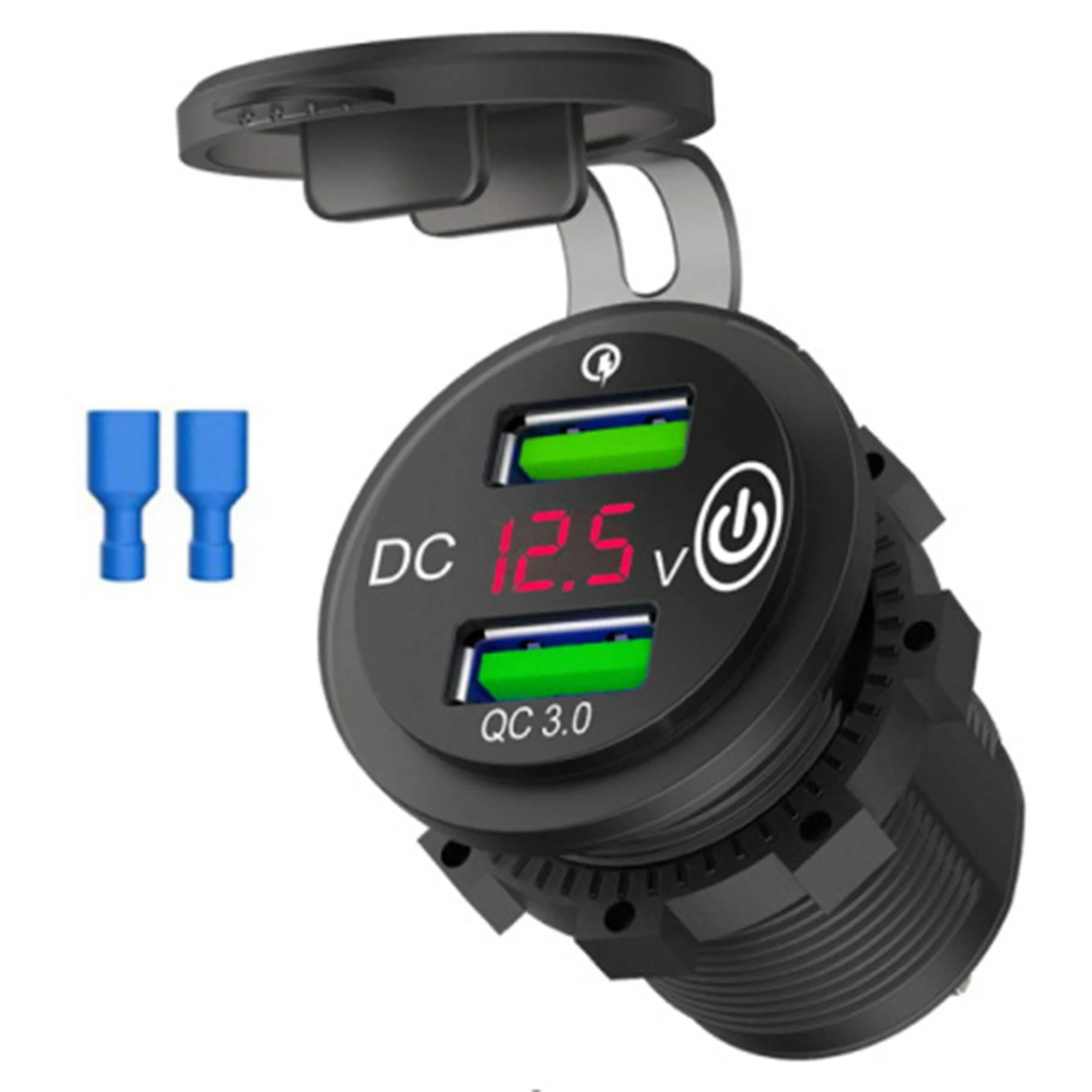 

Автомобильное зарядное устройство с двумя USB-портами QC3.0, 12 В/24 В, автомобильный адаптер со светодиодсветодиодный цифровым вольтметром и сен...