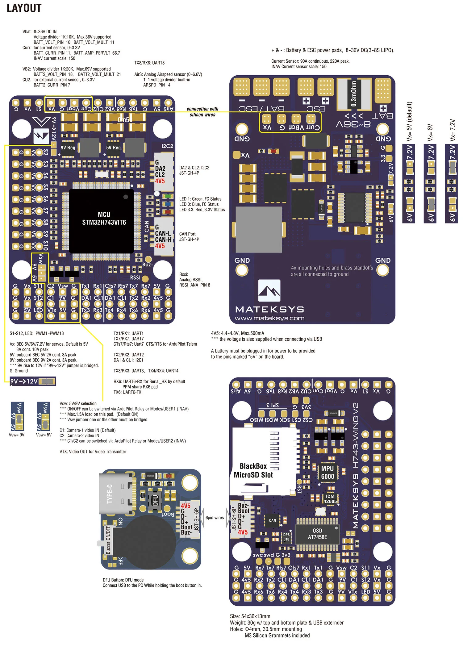 Контроллер полета Matek H743-WING V3 STM32H743VIT6 для радиоуправляемых летательных аппаратов