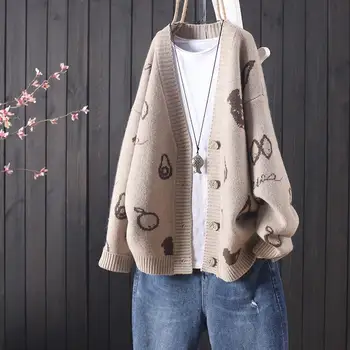 Casual Printing Loose Cardigan Autumn Winter New V Neck Long Sleeve Button Sweaters All-match Youth Simplicity Women Clothing 1