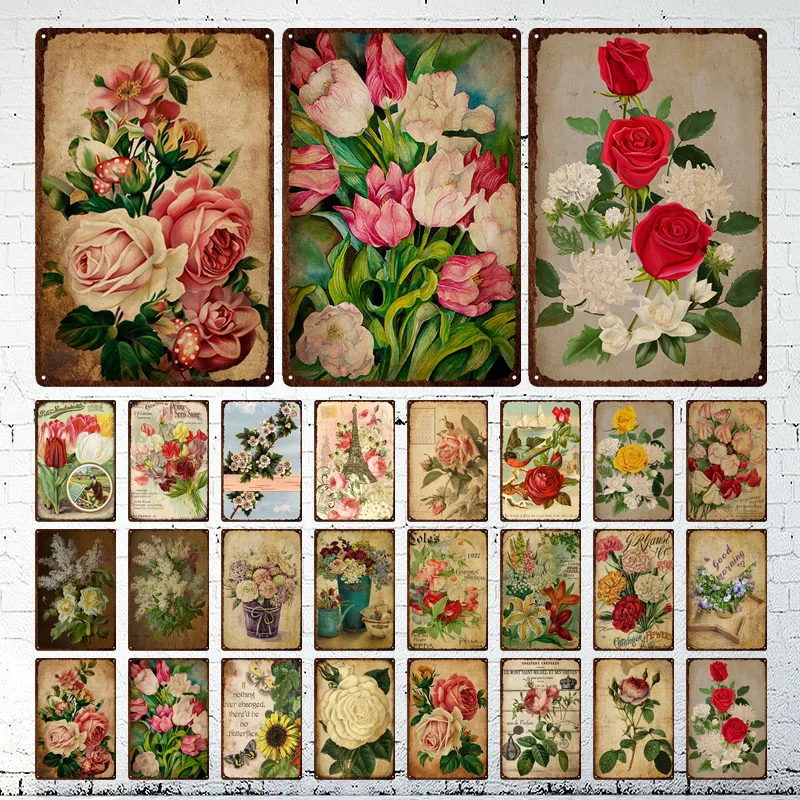 

Vintage Flower Metal Wall Art Plaque Retro Floral Metal Sign Tin Plate Gardern Home Club Bar Decor Tin Sign