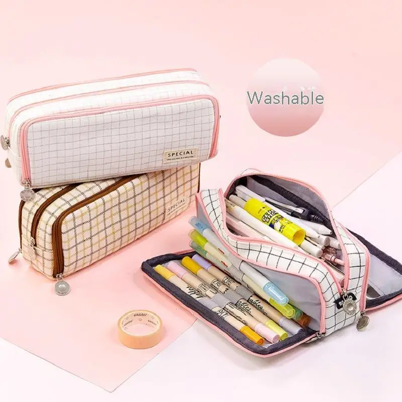 

Zippers Pencil Pouch Bag Square Grid Cosmetic Bags Organizer Pencil Bag Stationary Kawaii Multi Compartments Pencil Case
