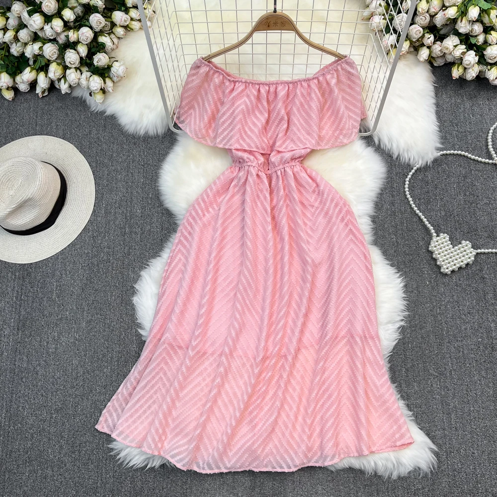 

French Haute Couture One Line Shoulder Open Shoulder Ruffled Hem Waistband A-line Dress Seaside Vacation Swing Long Dress