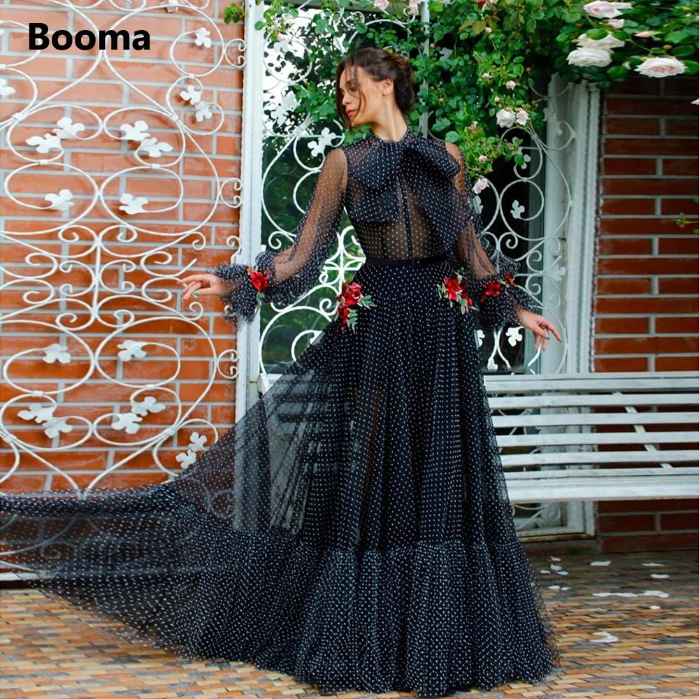

Booma Elegant Black Polka Dots Tulle A-Line Prom Dresses High Neck Long Sleeves Tied Bow Appliques Maxi Evening Party Gowns
