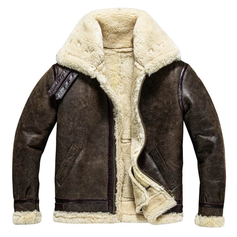 

Winter Men's Shearling Brown Jacket B3 Bomber Military Style Plus Size 5XL Natural Sheepskin Warm Aviation Genuine Leather Coats