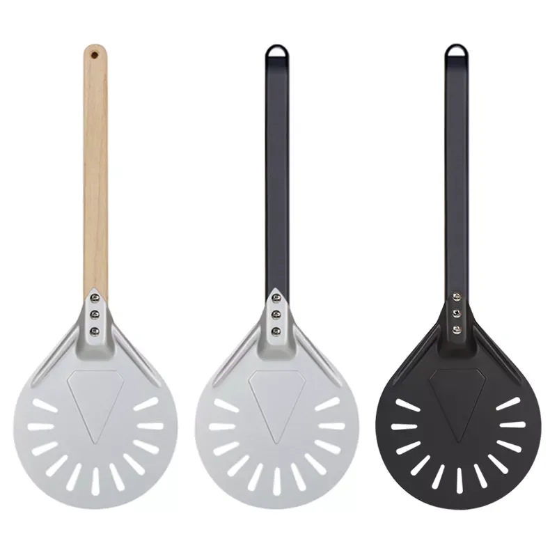 

2023NEW Pizza Turning small Pizza Peel Paddle Short round Pizza Tool Non Slip wooden Handle 7 8 9 inch Perforated Pizza Shovel A