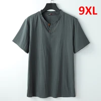 9xl linen t shirt men summer solid color tshirt fashion casual linen tees tops male henley collar t shirt plus size 8xl 9xl