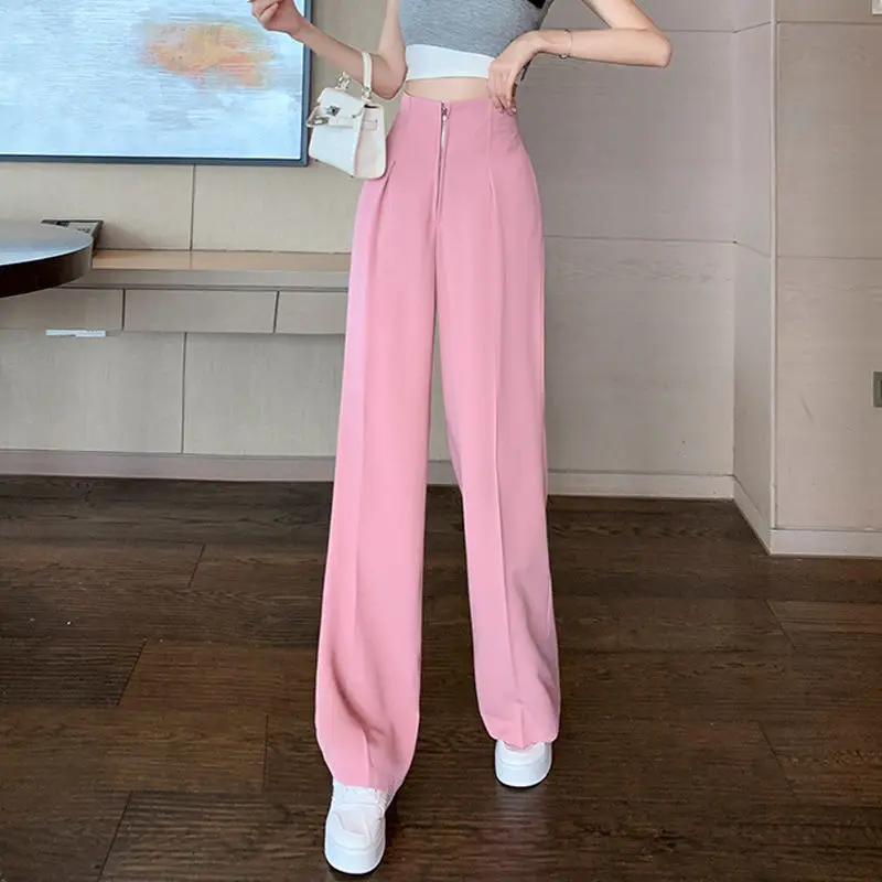 

Women High Waist Chic Fashion Office Pants Black Pink Vintage Full Length Zipper Female Trousers Spring Wide Leg Pants K42