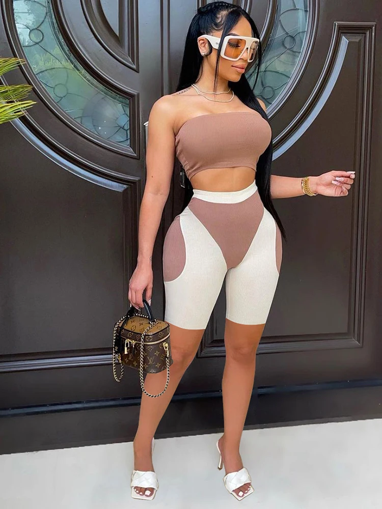 

Fashion Women Sexy Wrap Chest Vest Shorts Two-piece Set Color Matching Skinny Ladies Sports Yoga Clothes Streetwear