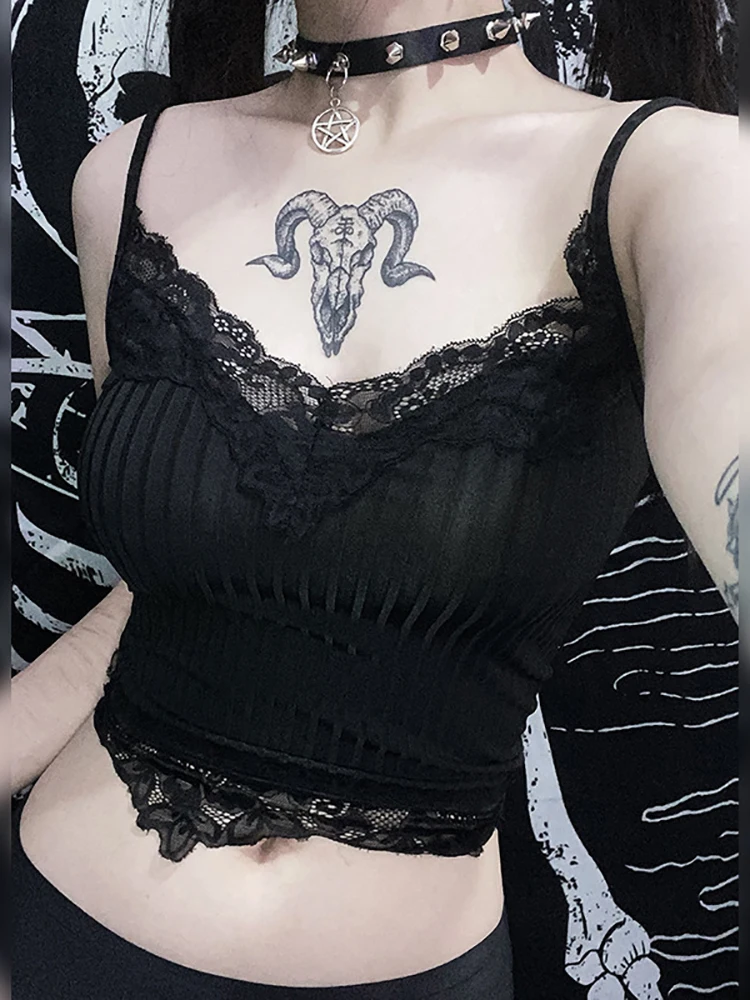 Женский топ в рубчик Goth darkmall летний с кружевной отделкой гранж-панк открытой