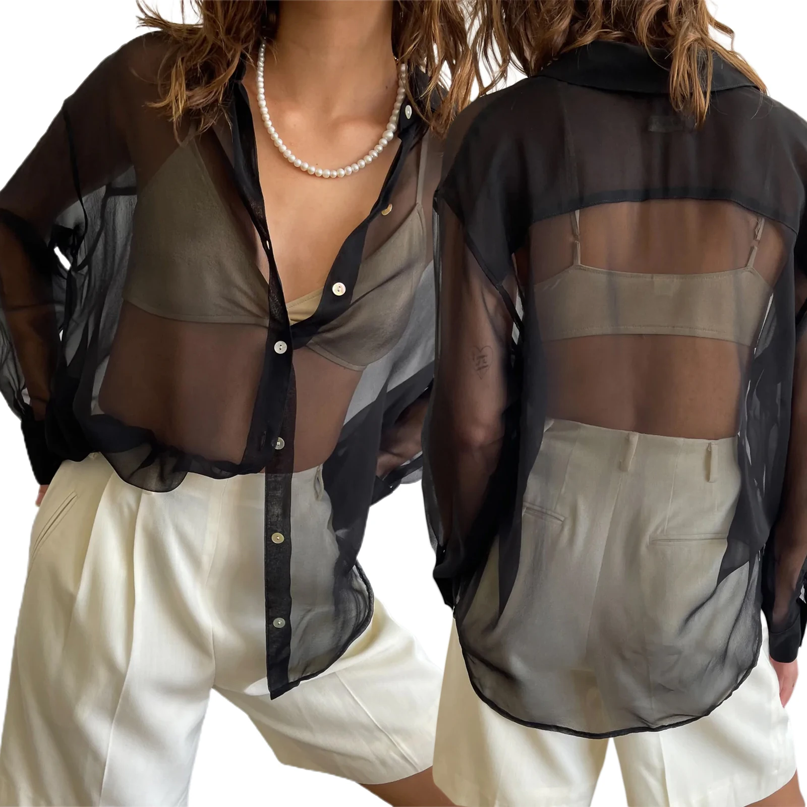 

Women's Blouse Lapel Collar Long Sleeve Button-Down See-Through Loose Shirt for Ladies