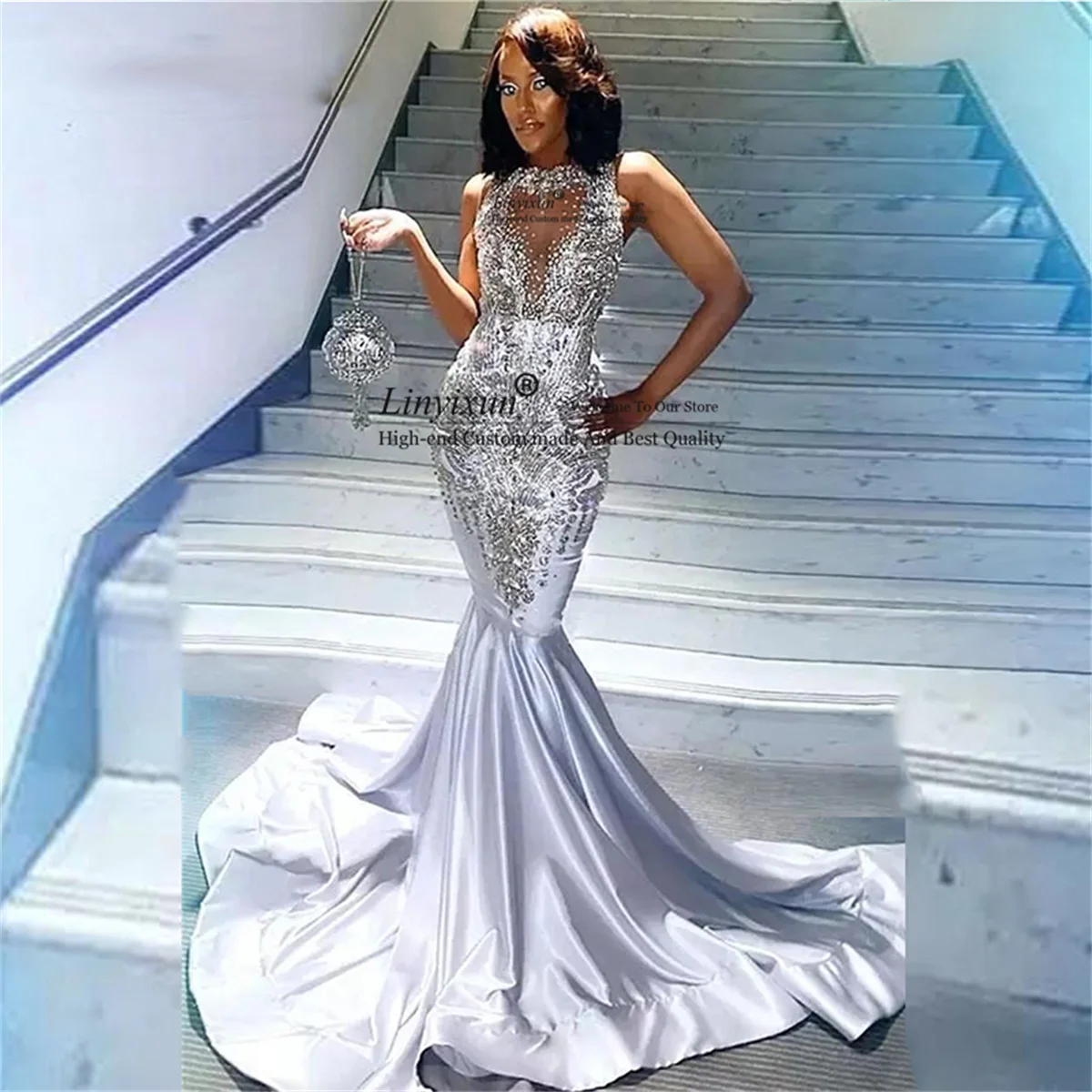 

Aso Ebi Silver Mermaid Prom Dresses Crystals Beaded Sleeveless Sweep Train Evening Party Gowns 2022African Women robes de soirée