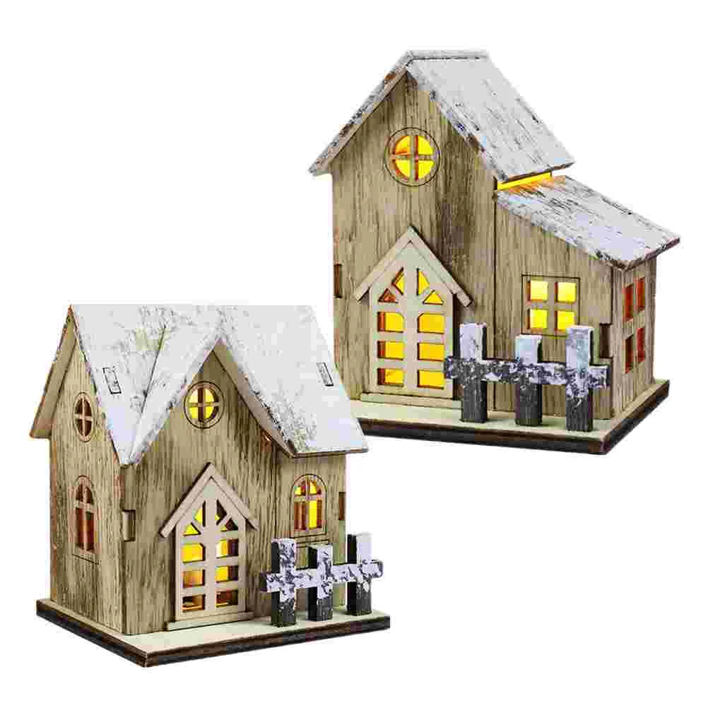 

2Pcs Luminous Xmas Ornaments Creative Christmas Scene Decors Wooden House Decors