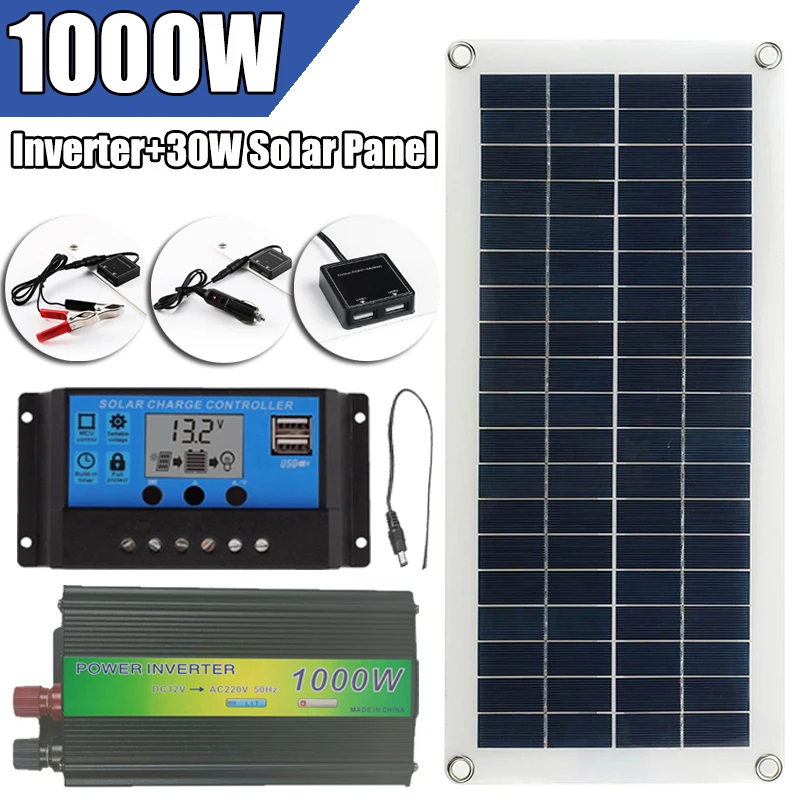

YAGOU Solar Panel 220V System with1000W Inverter 30W Solar Panel 10A Controller Cell Charger Kit for Car Battery Outdoor Camping