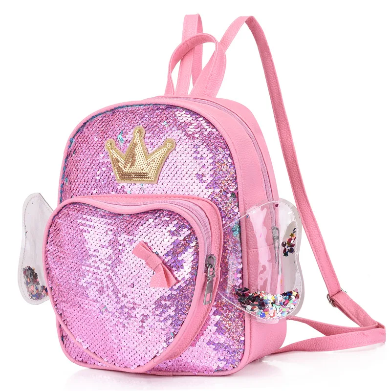 Children Sequin Backpacks In Kindergarten New Princess PU Accessory Bags 3-6-year-old Girl Fashion Schoolbag for Kids Travel