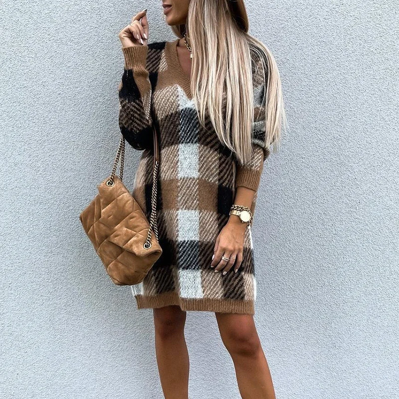

Autumn Elegant V Neck Knitted Sweater Dress Women Plaid Print Vintage Pullover Dress Winter Long Sleeve Loose Office Party Dress