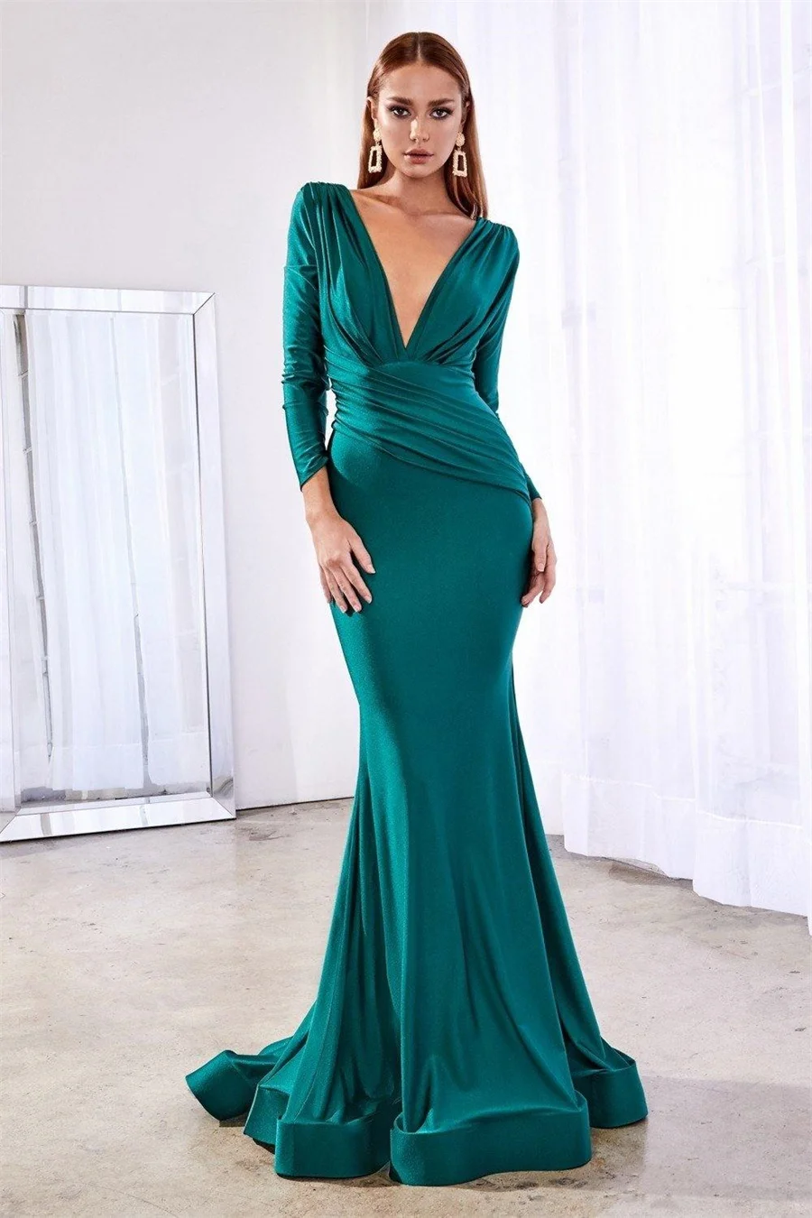 Formal Deep V-Neck Curvy Long Prom Dress Full Sleeves Satin Open Back Formal Party Gown Ruched Waist Sweep Train Evening Dress