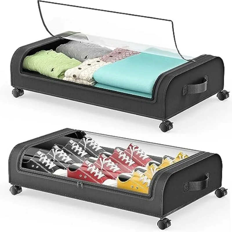 

Under Bed Storage with Wheels and Lids, Rolling Underbed Storage Containers, Metal Under the Bed Shoe Storage Organizer with Bag
