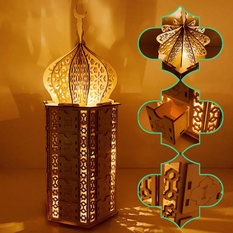 

Деревянный календарь для Адвента Eid Al-Fitr календарь для Рамадана с обратным отсчетом календарь с ящиками Луна Звезда огни DIY мусульманский праздник Декор подарки