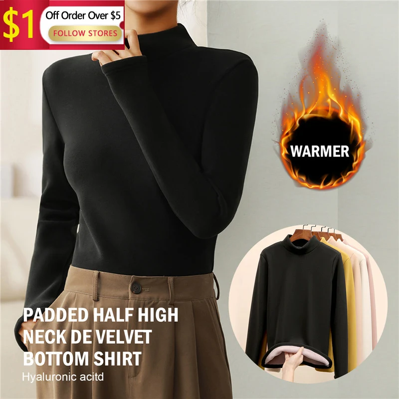 

Half High Collar Bottom Shirt For Women'S Velvet Insulation Thick Long Sleeved T-Shirt Versatile Cotton Top Premium Lining