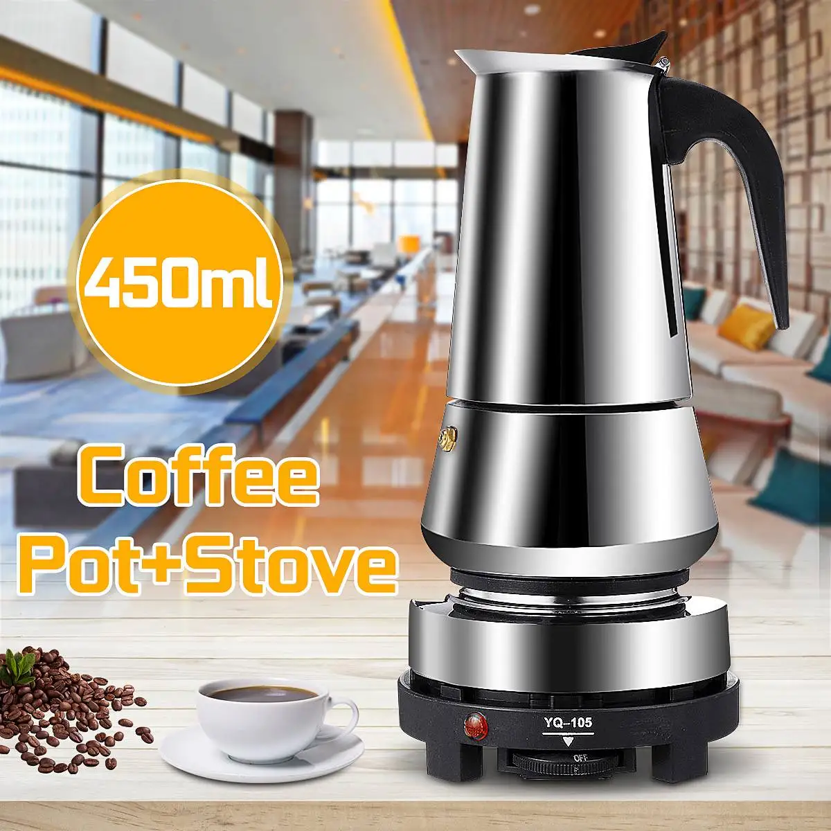 Portable Espresso Moka Latte Coffee Maker Pot Stainless Steel Coffee Brewer Kettle Electric Heater Stove Coffee Pot 450ML 9 Cups