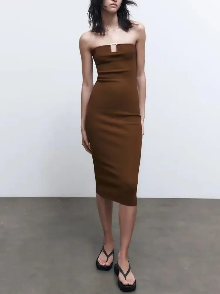 

Summer Women's Camel Color One-line Neck Elastic Fabric Long Dress Sexy Chic French Style