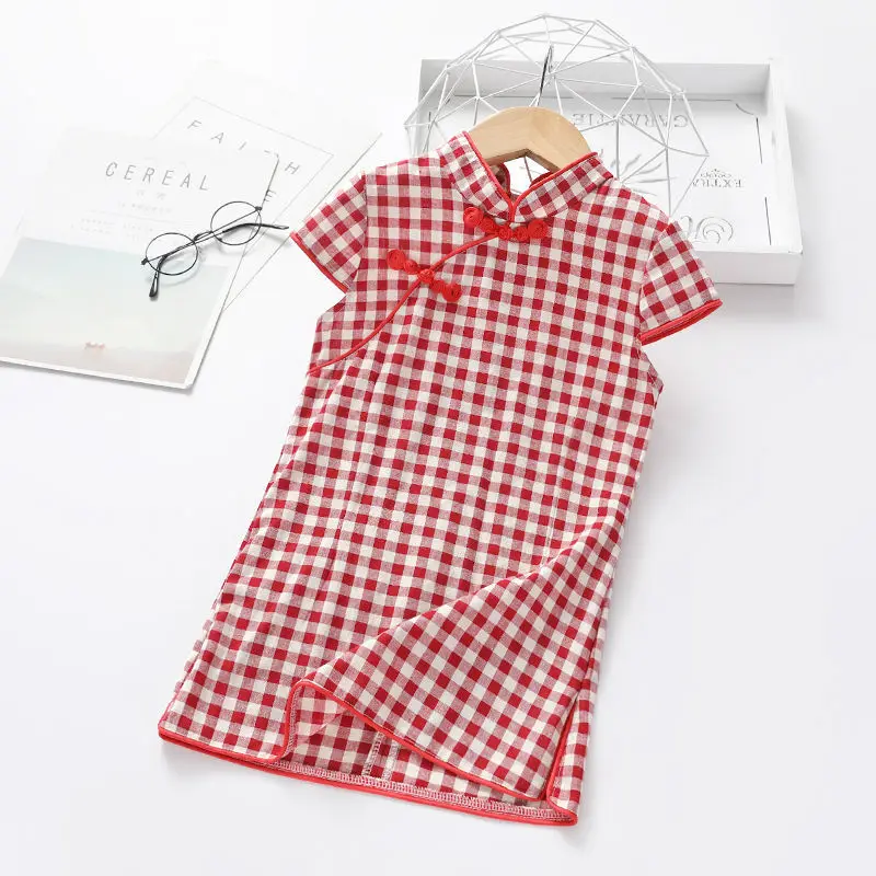 3-8 Years Old Girls Cheongsam Children's Summer Dress Little Chinese Style Baby Qipao Skirt Red/Bla |