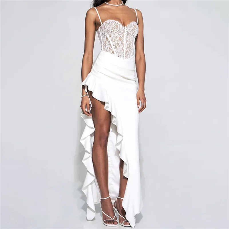 

Irregular Lace Long Slip Ruffles Dress Women Sexy Strap Slim Maxi Dress Ladies Elegant Sleeveless Evening Party Cocktail Dresses
