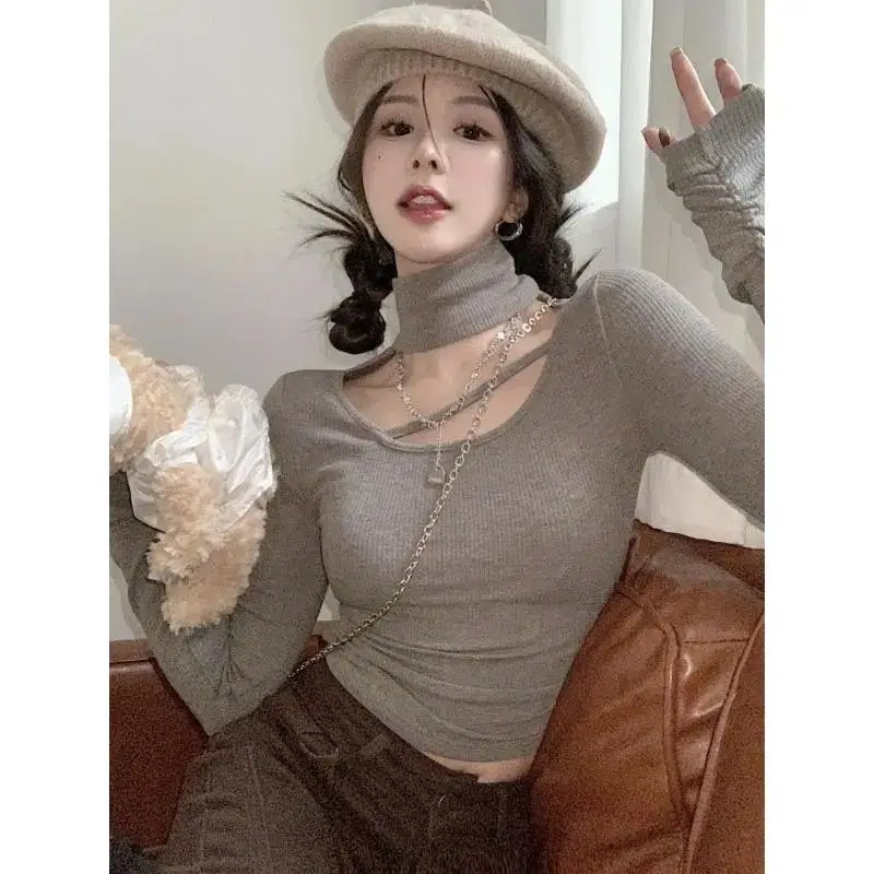 

Базовый дизайн, тонкая футболка с длинным рукавом, женская новая ажурная рубашка с высоким воротником, пара с острым коротким топом для деву...