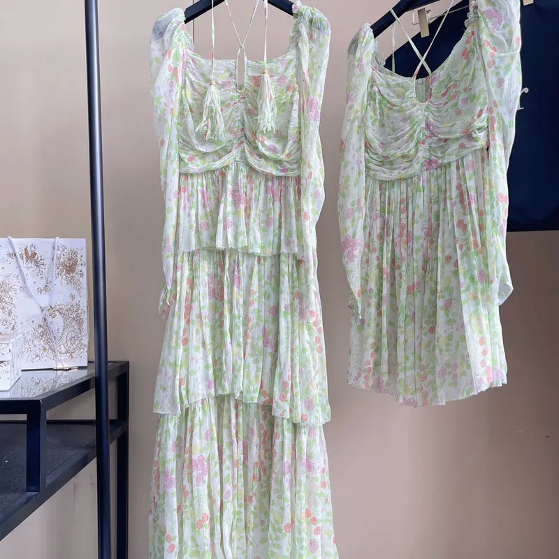 

23SS French New 100%Silk Green Dress Fashion Runway Waist Folds Lace Up Desgin Mid-length Dresses Women High Quality Top Clothes