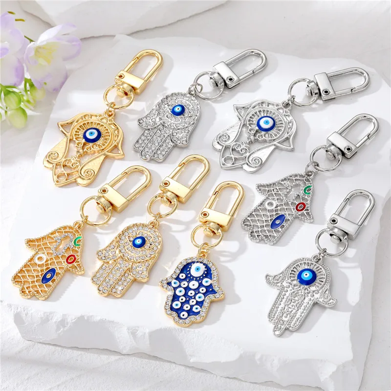 

Fashion Lucky Turkish Evil Eye Palm Keychain For Men Women Charm Luxury Zircon Crystal Metal Key Ring Jewelry Accessories Gifts