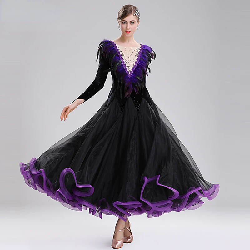 

Black Standard Ballroom Dance Modern Dress Long Sleeve Feather Waltz Tango Foxtrot Dance Wear Elegant Big Swing Waltz Dress