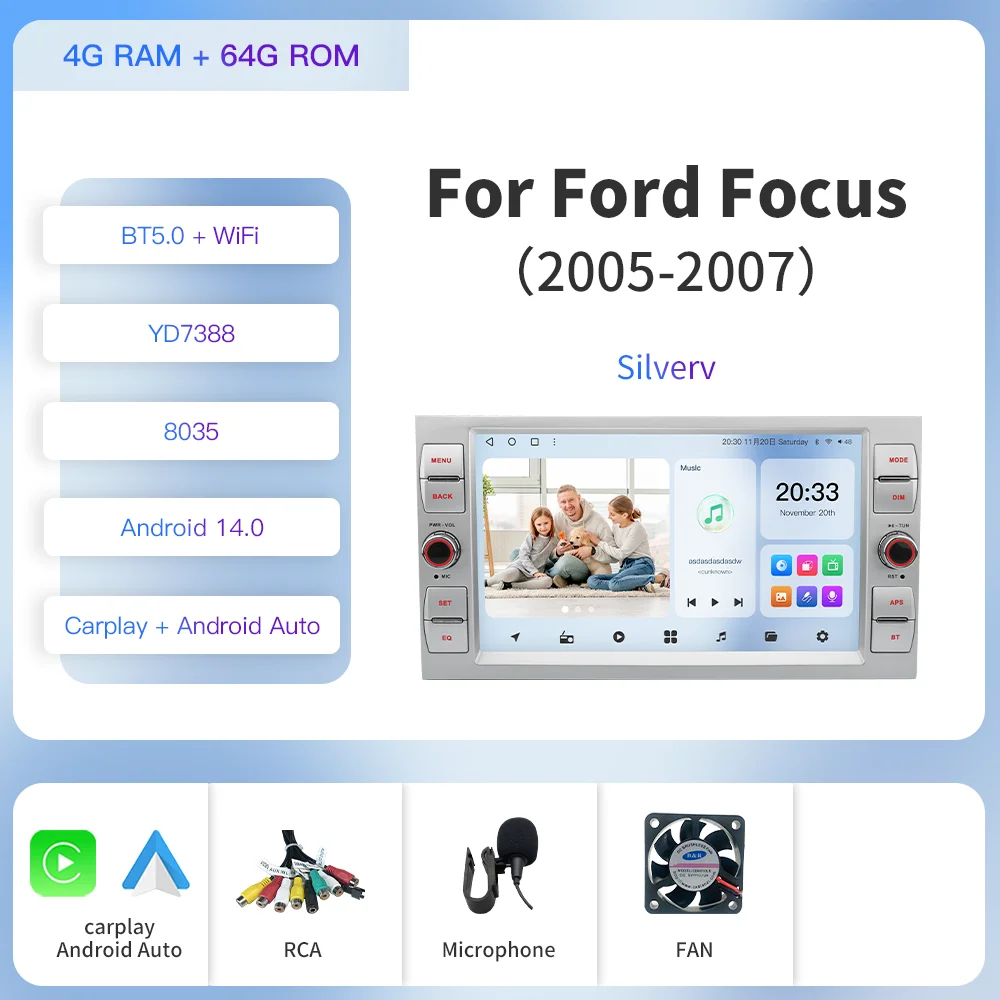 

Капуд 8 дюймов Android 14 2 Din автомобильное мультимедийное радио для Ford Focus 2 Kuga Fiesta Mondeo C-Max CarPlay Auto WIfi 360 камера GPS DPS