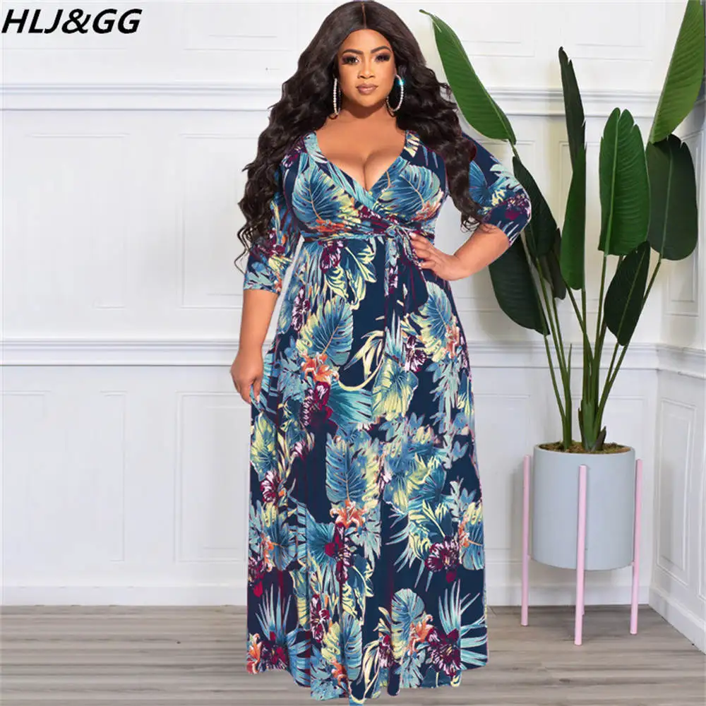 HLJ&GG Women Plus Size Maxi Dresses Sexy Deep V Floral Printed Long Sleeve Belt Dresses Casual A-line Slim Vestidos Clothes 2022