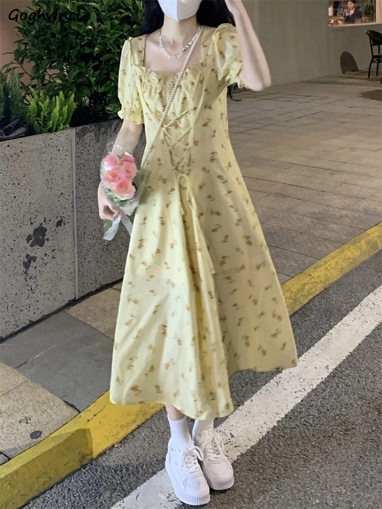 

Платье женское облегающее, пикантное милое нежное элегантное миди-платье с рукавами-фонариками, в стиле Ulzzang, с цветочным принтом, на лето