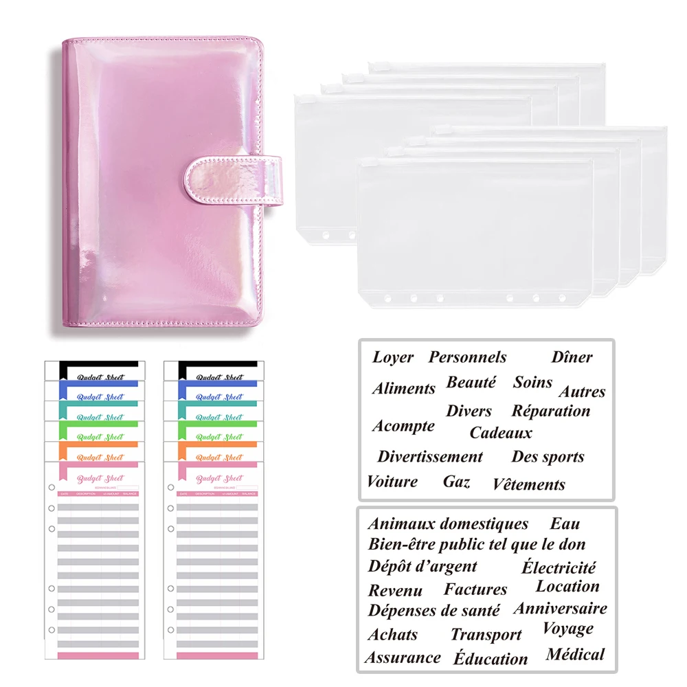 

A6 France Budget Binder Laser Leather Notebook Planner Organizer 8 Zipper Pockets 2Pcs French Alphabet Stickers Dropshipping