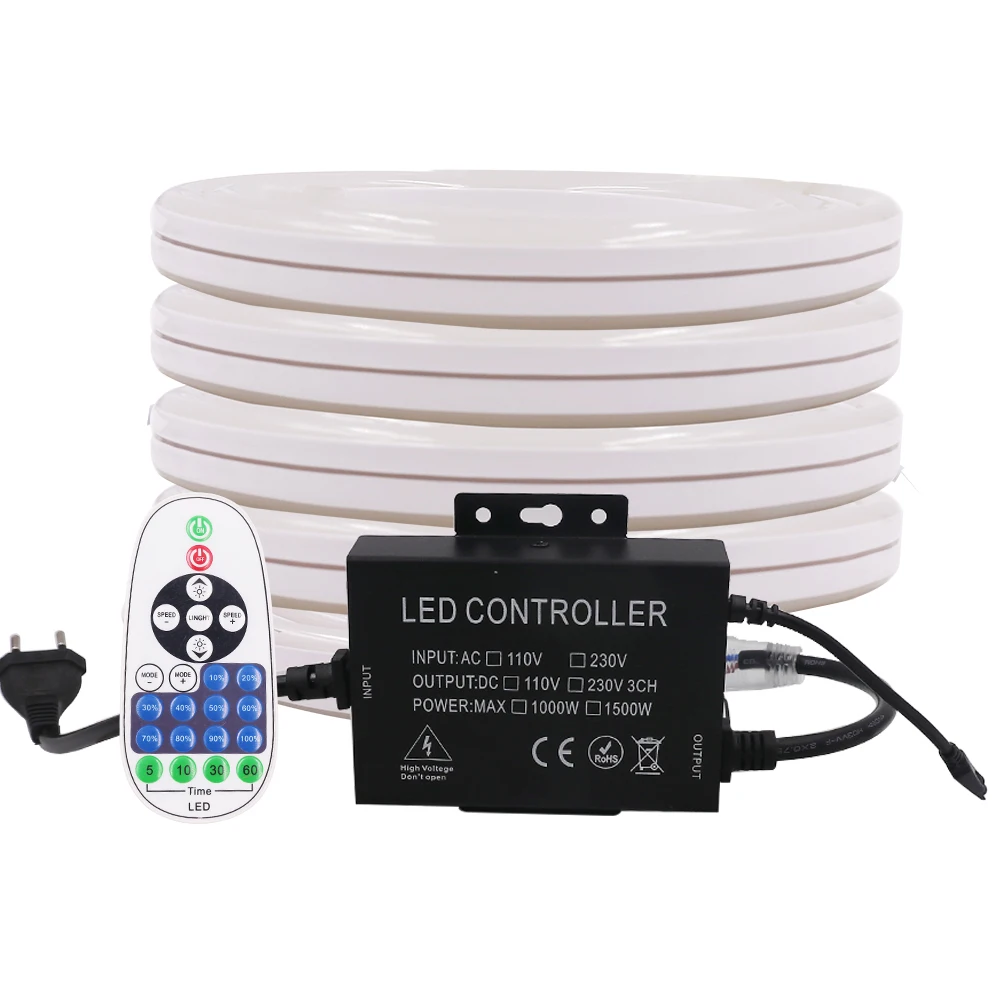 

25m Double Sided Neon Light 220V SMD2835 120Leds/m Flexible LED Tape Ribbon with Dimmer 220V Waterproof Neon Sign Tube EU Plug