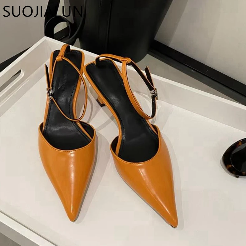 

SUOJIALUN 2023 Spring New Brand Women Sandal Fashion Pointed Toe Shallow Ladies Elegant Slingback Shoes Thin High Heel Dress Pum