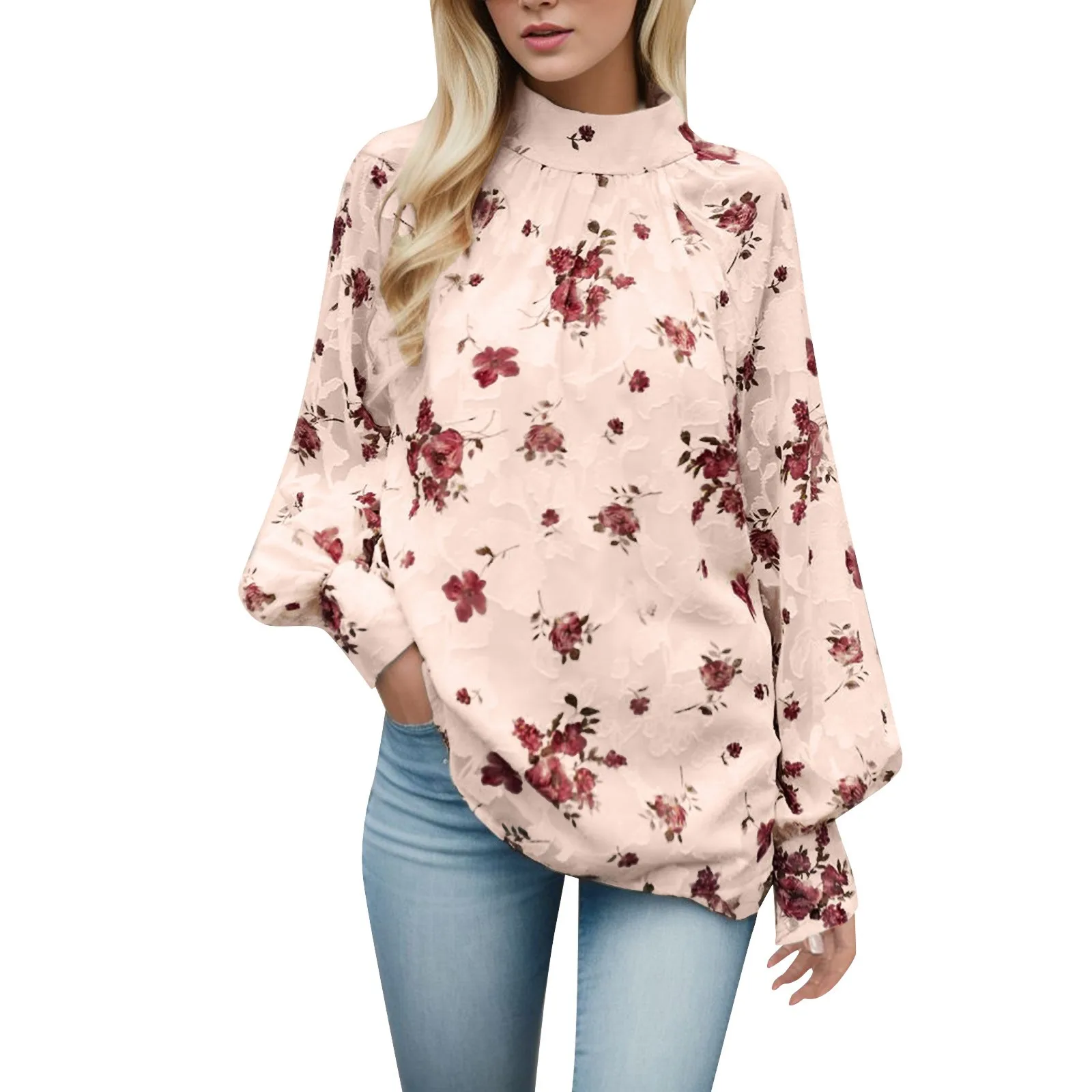 

Women's Casual Floral Print Shirt Mid Collar Long Sleeve Sweatshirt Loose Top Tees for Women Trendy