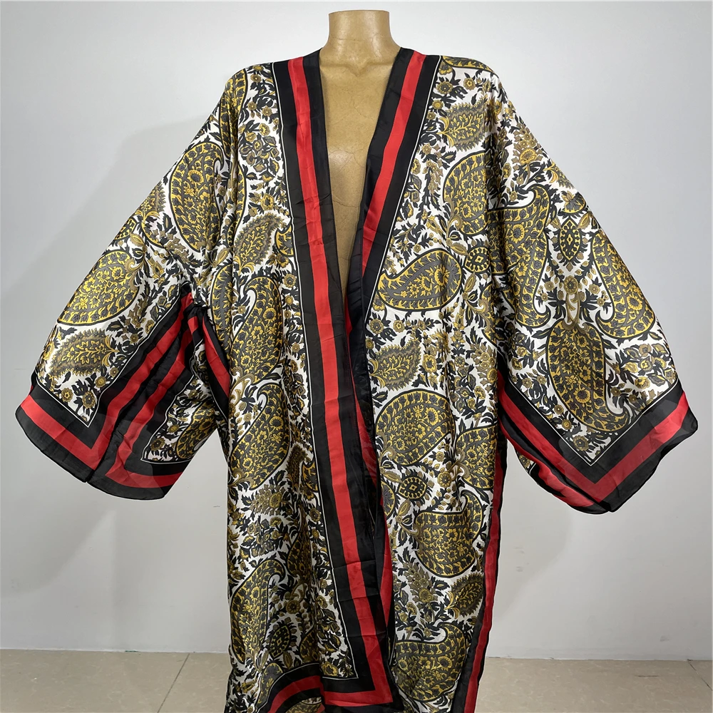 

2024 Saudi Arabia's Loose Printed Silk Maxi Dress Summer Beach Bohemian Robe Africa Kaftan Swim Suit Short sleeve Batwing Sleeve