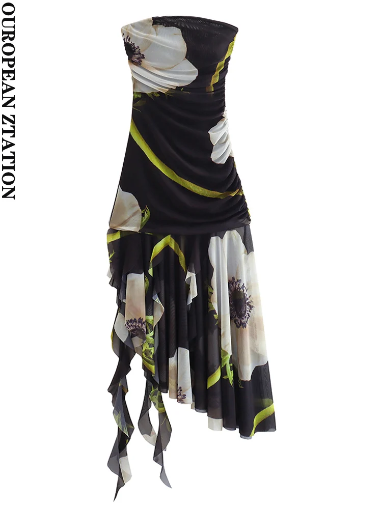 

PAILETE Women 2023 fashion printed draped asymmetric tulle midi dress sexy strapless straight neck female dresses vestidos mujer