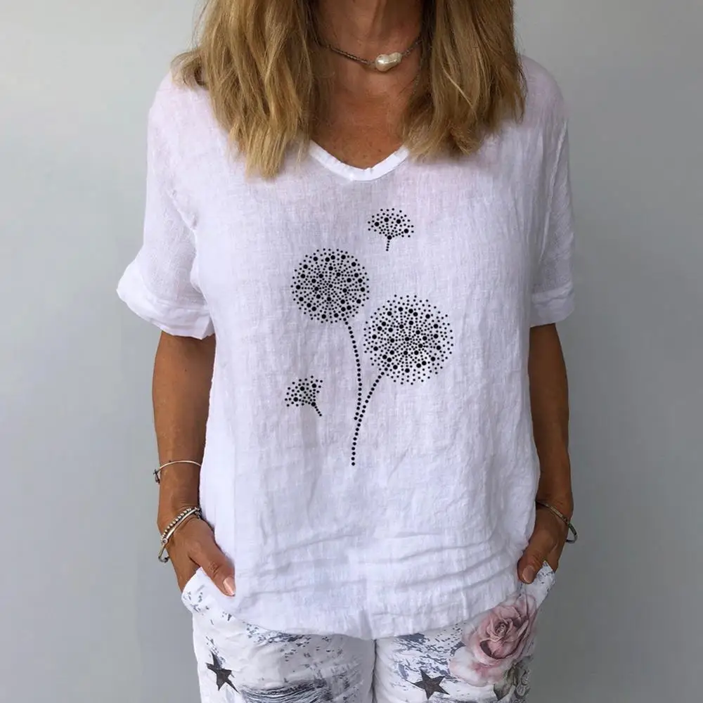 

Women Casual V Neck Short Sleeve Dandelion Print Cotton Linen Blous Top T-shirt