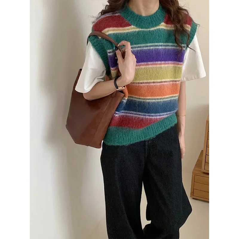Красочный полосатый вязаный жилет женская верхняя одежда осень/зима 2023 новый