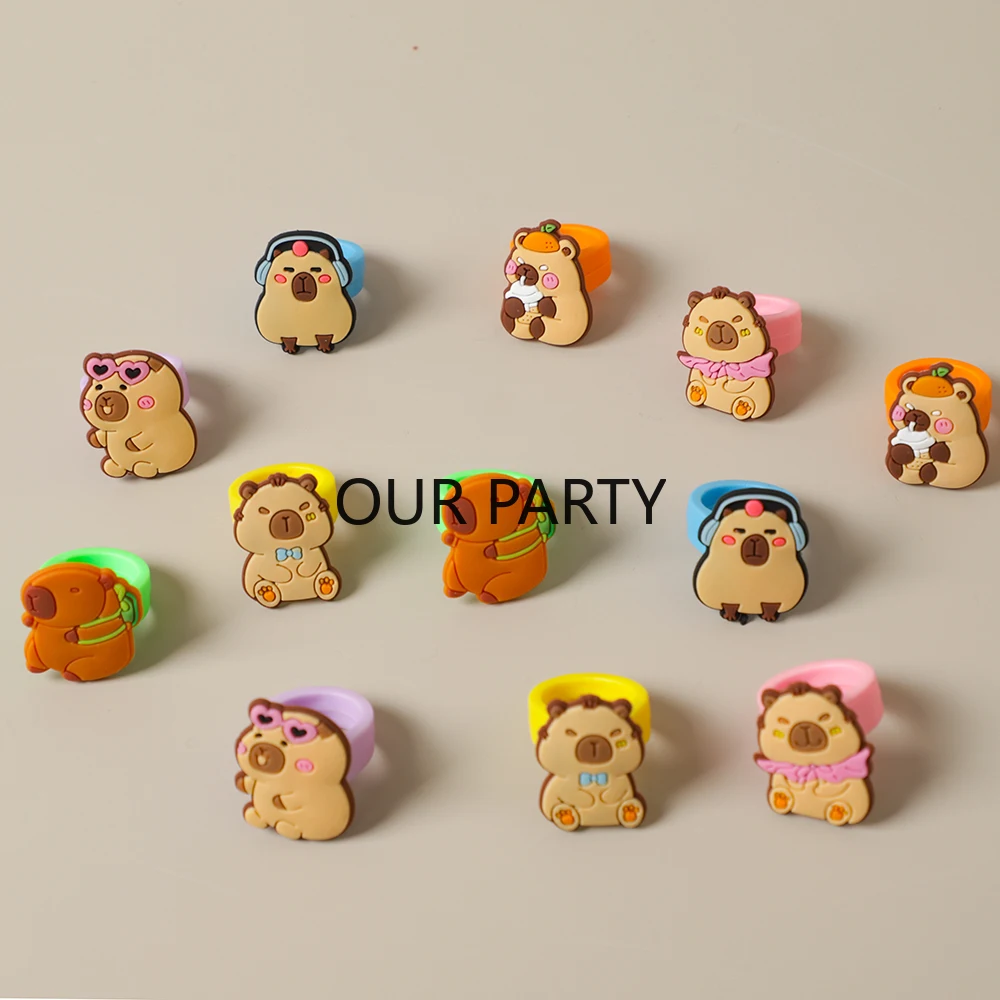 

12 шт., силиконовые кольца с изображением животных и капибары для детей, сувениры на день рождения, школьные награды, наполнители для пиньиты, сумка для подарков для детского душа