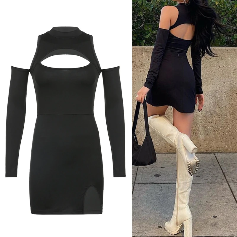 

Women Long Sleeve Turtleneck Sexy Hollow Cold Shoulder Split Mini Bodycon Dress NEW