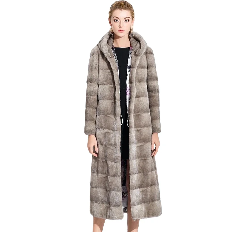 HQ  New Copenhagen Denmark velvet horizontal long section with a cap female models natural mink fur coat